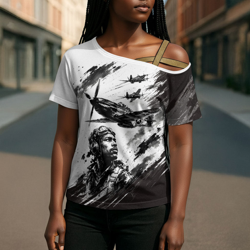 Personalized Tuskegee Airmen Cross Shoulder Shirt Black And White Grunge WWII Aviation Art