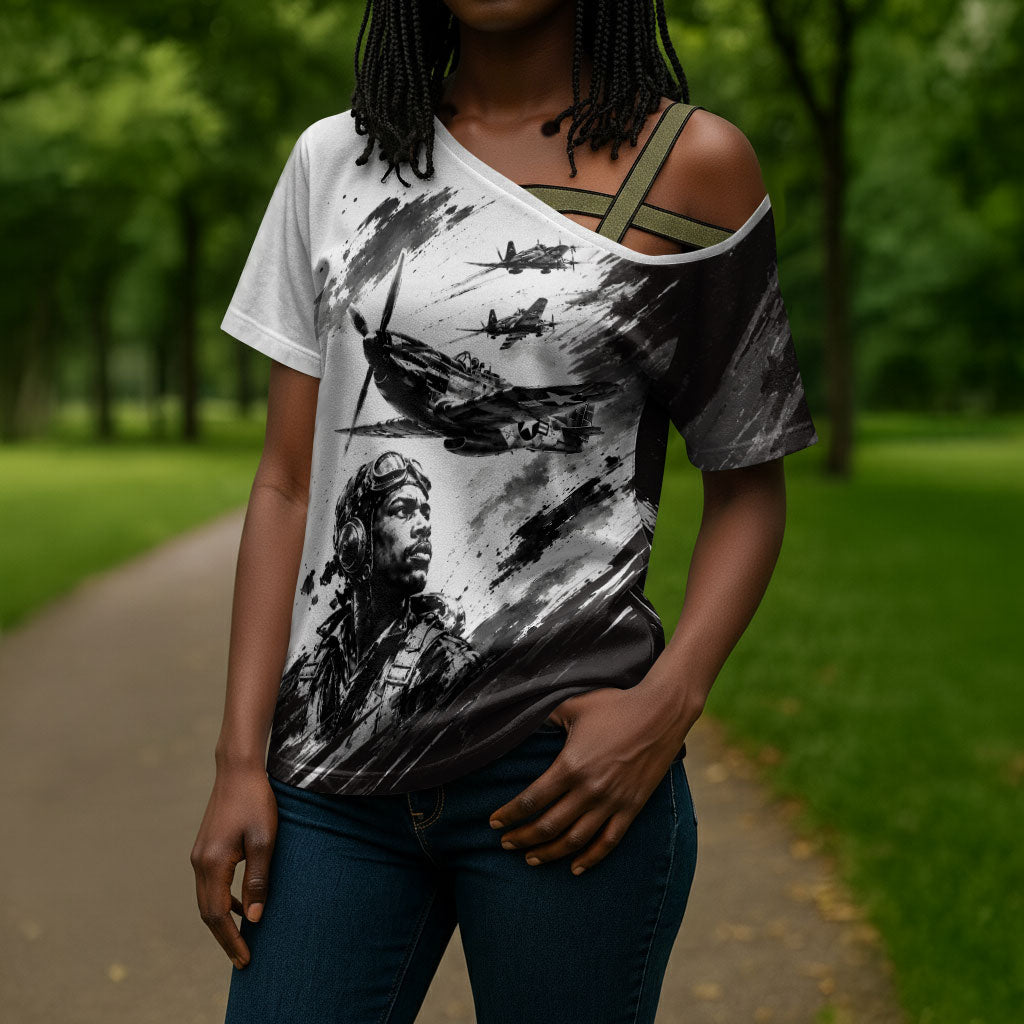 Personalized Tuskegee Airmen Cross Shoulder Shirt Black And White Grunge WWII Aviation Art