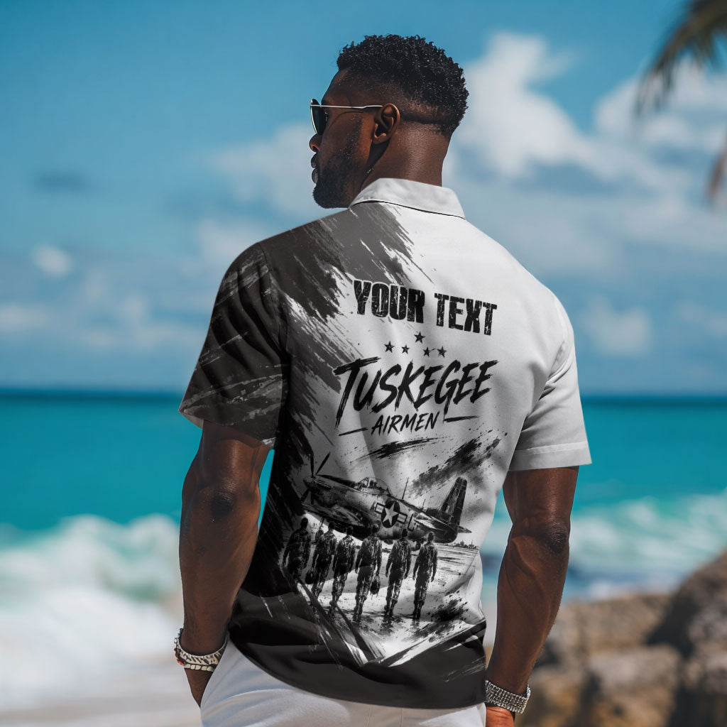 Personalized Tuskegee Airmen Hawaiian Shirt Black And White Grunge WWII Aviation Art