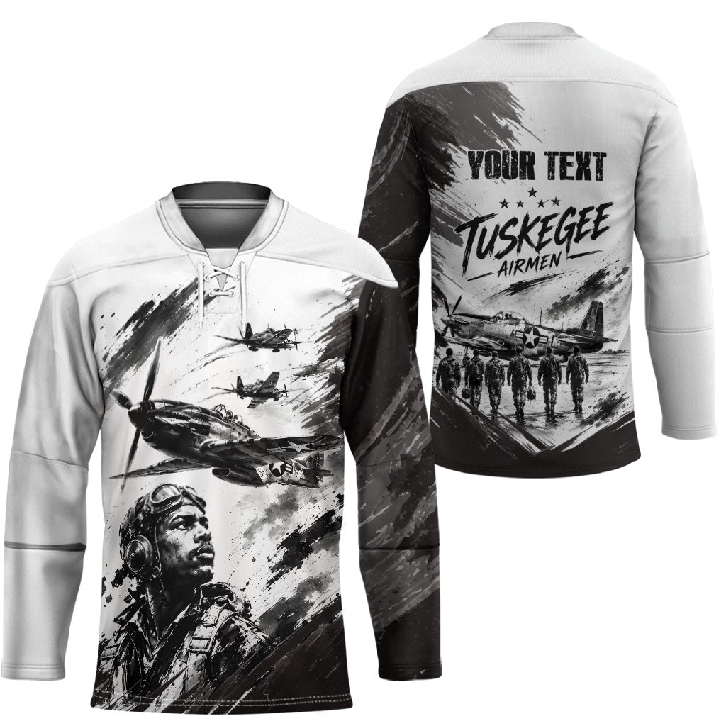 Personalized Tuskegee Airmen Hockey Jersey Black And White Grunge WWII Aviation Art
