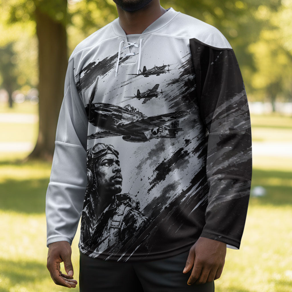 Personalized Tuskegee Airmen Hockey Jersey Black And White Grunge WWII Aviation Art