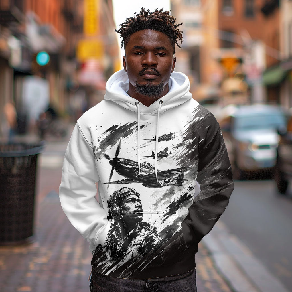 Personalized Tuskegee Airmen Hoodie Black And White Grunge WWII Aviation Art