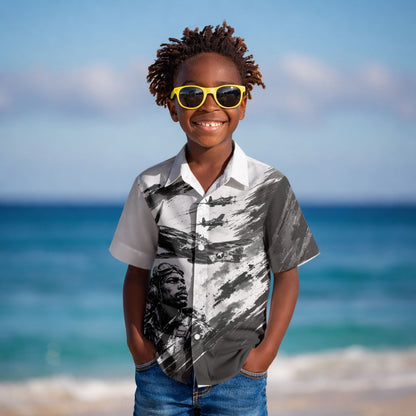 Personalized Tuskegee Airmen Kid Hawaiian Shirt Black And White Grunge WWII Aviation Art