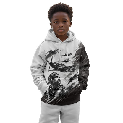 Personalized Tuskegee Airmen Kid Hoodie Black And White Grunge WWII Aviation Art