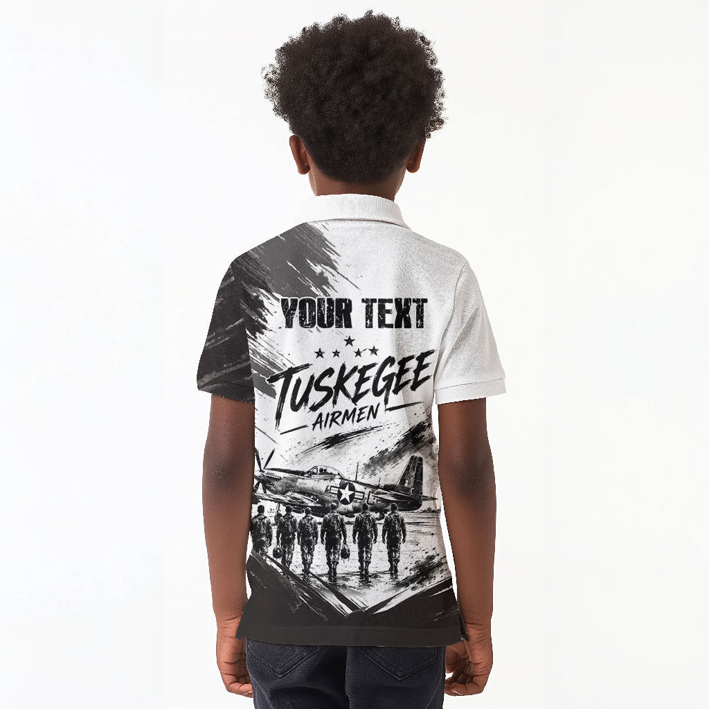 Personalized Tuskegee Airmen Kid Polo Shirt Black And White Grunge WWII Aviation Art