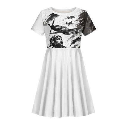 Personalized Tuskegee Airmen Kid Short Sleeve Dress Black And White Grunge WWII Aviation Art
