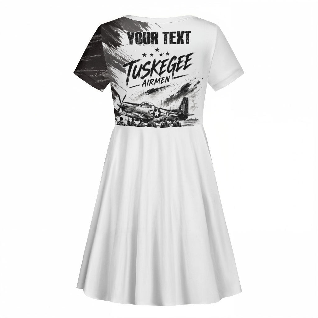 Personalized Tuskegee Airmen Kid Short Sleeve Dress Black And White Grunge WWII Aviation Art