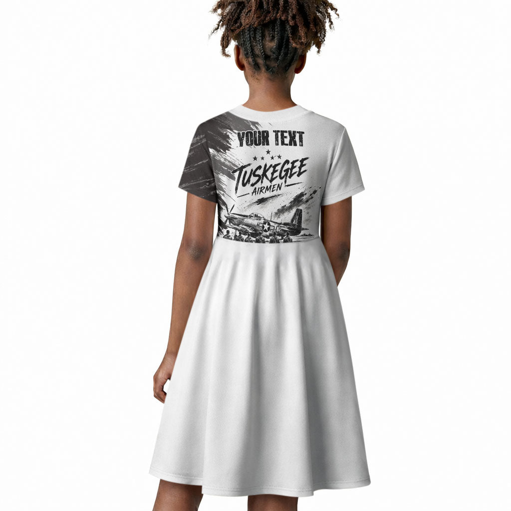 Personalized Tuskegee Airmen Kid Short Sleeve Dress Black And White Grunge WWII Aviation Art