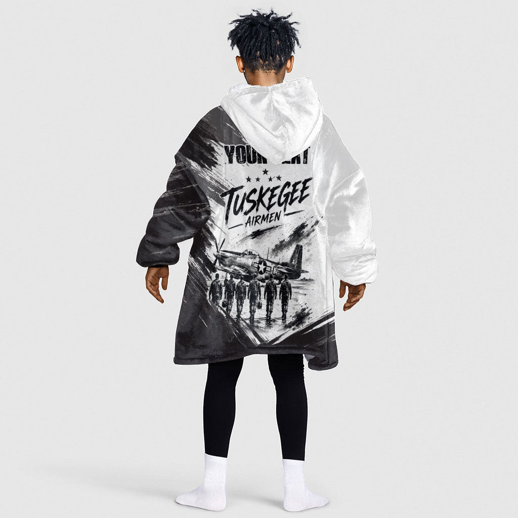 Personalized Tuskegee Airmen Kid Wearable Blanket Hoodie Black And White Grunge WWII Aviation Art