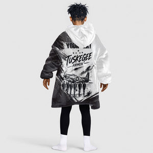 Personalized Tuskegee Airmen Kid Wearable Blanket Hoodie Black And White Grunge WWII Aviation Art