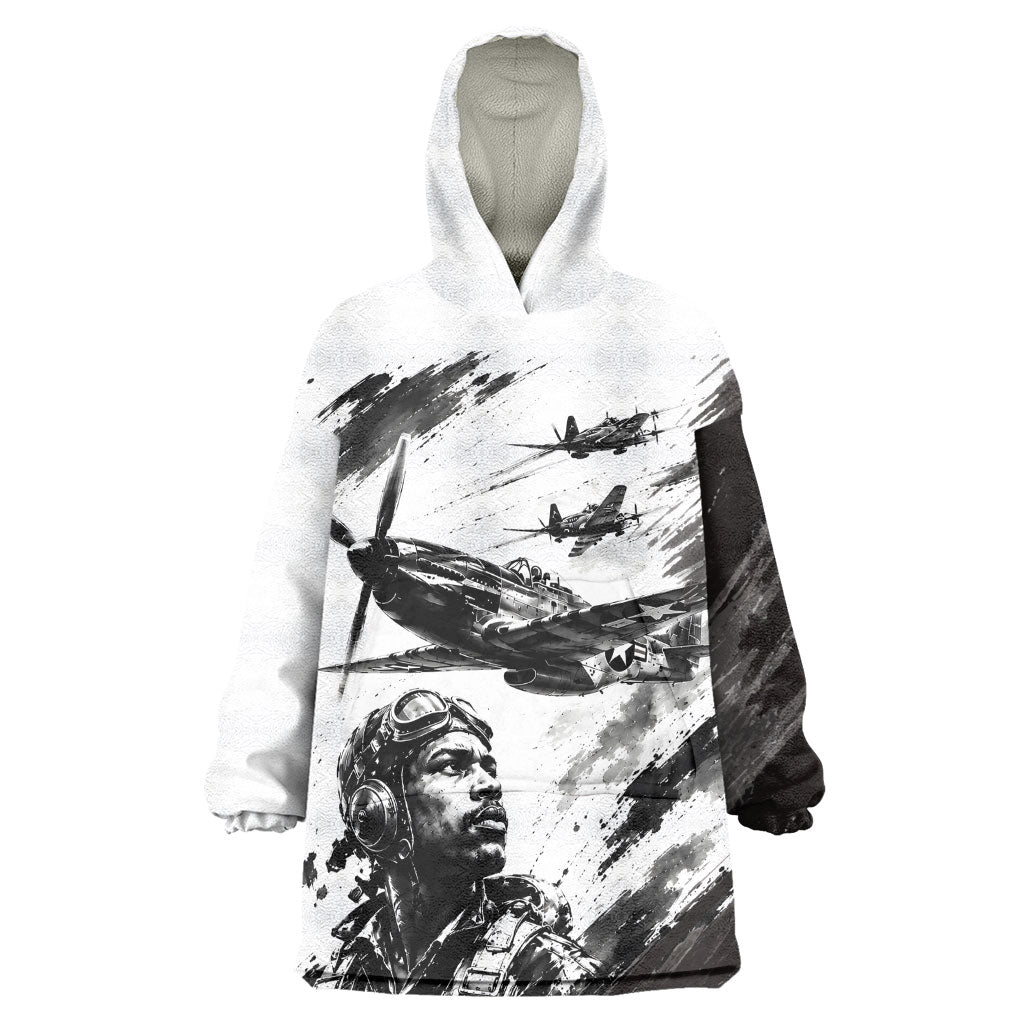 Personalized Tuskegee Airmen Kid Wearable Blanket Hoodie Black And White Grunge WWII Aviation Art