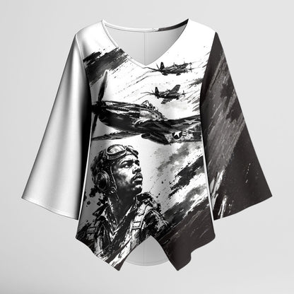 Personalized Tuskegee Airmen Kimono Sleeve Blouse Black And White Grunge WWII Aviation Art