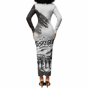 Personalized Tuskegee Airmen Long Sleeve Bodycon Dress Black And White Grunge WWII Aviation Art