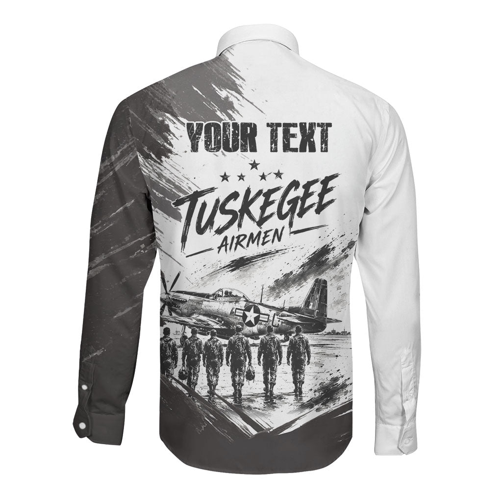Personalized Tuskegee Airmen Long Sleeve Button Shirt Black And White Grunge WWII Aviation Art