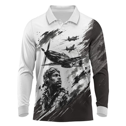 Personalized Tuskegee Airmen Long Sleeve Polo Shirt Black And White Grunge WWII Aviation Art