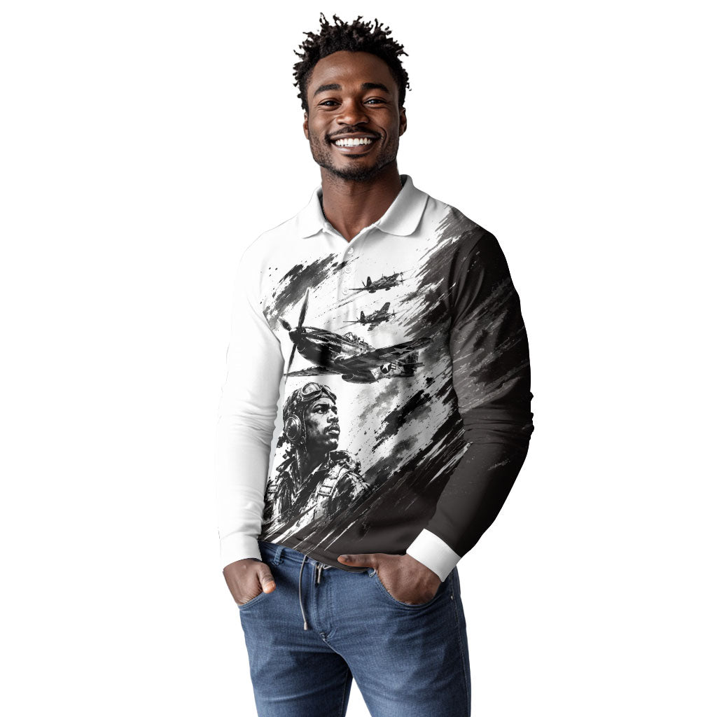 Personalized Tuskegee Airmen Long Sleeve Polo Shirt Black And White Grunge WWII Aviation Art
