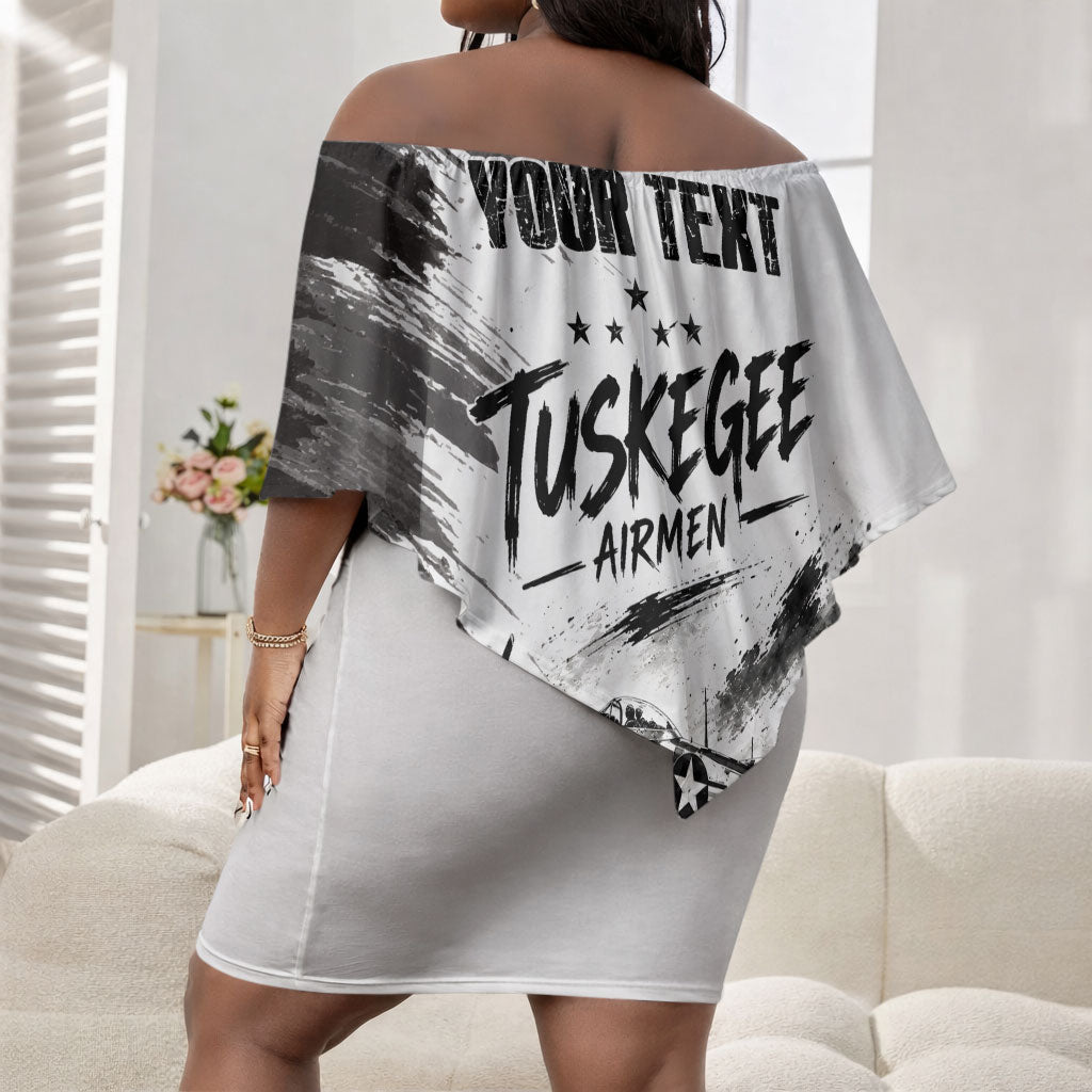 Personalized Tuskegee Airmen Off Shoulder Short Dress Black And White Grunge WWII Aviation Art