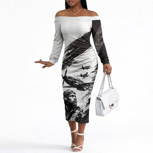 Personalized Tuskegee Airmen Off The Shoulder Long Sleeve Dress Black And White Grunge WWII Aviation Art