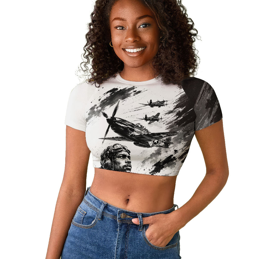 Personalized Tuskegee Airmen Raglan Cropped T shirt Black And White Grunge WWII Aviation Art