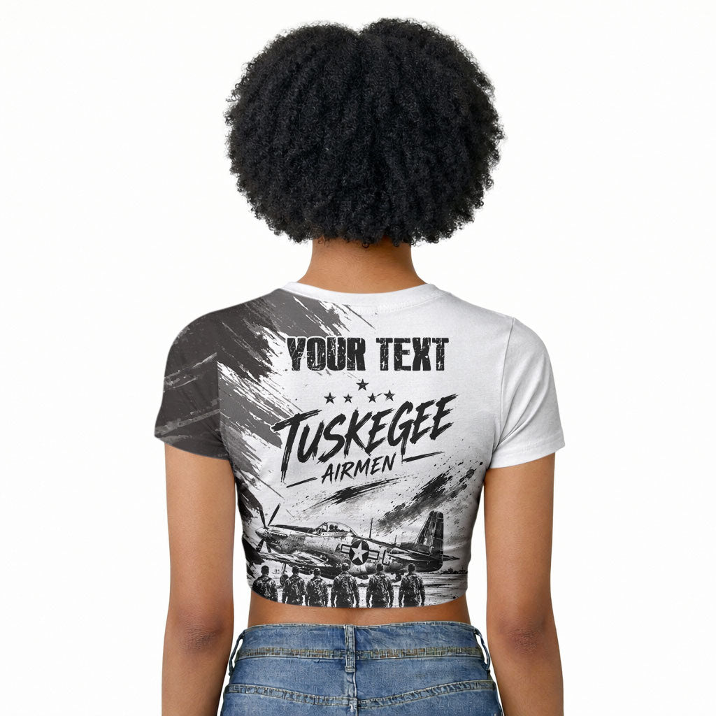 Personalized Tuskegee Airmen Raglan Cropped T shirt Black And White Grunge WWII Aviation Art