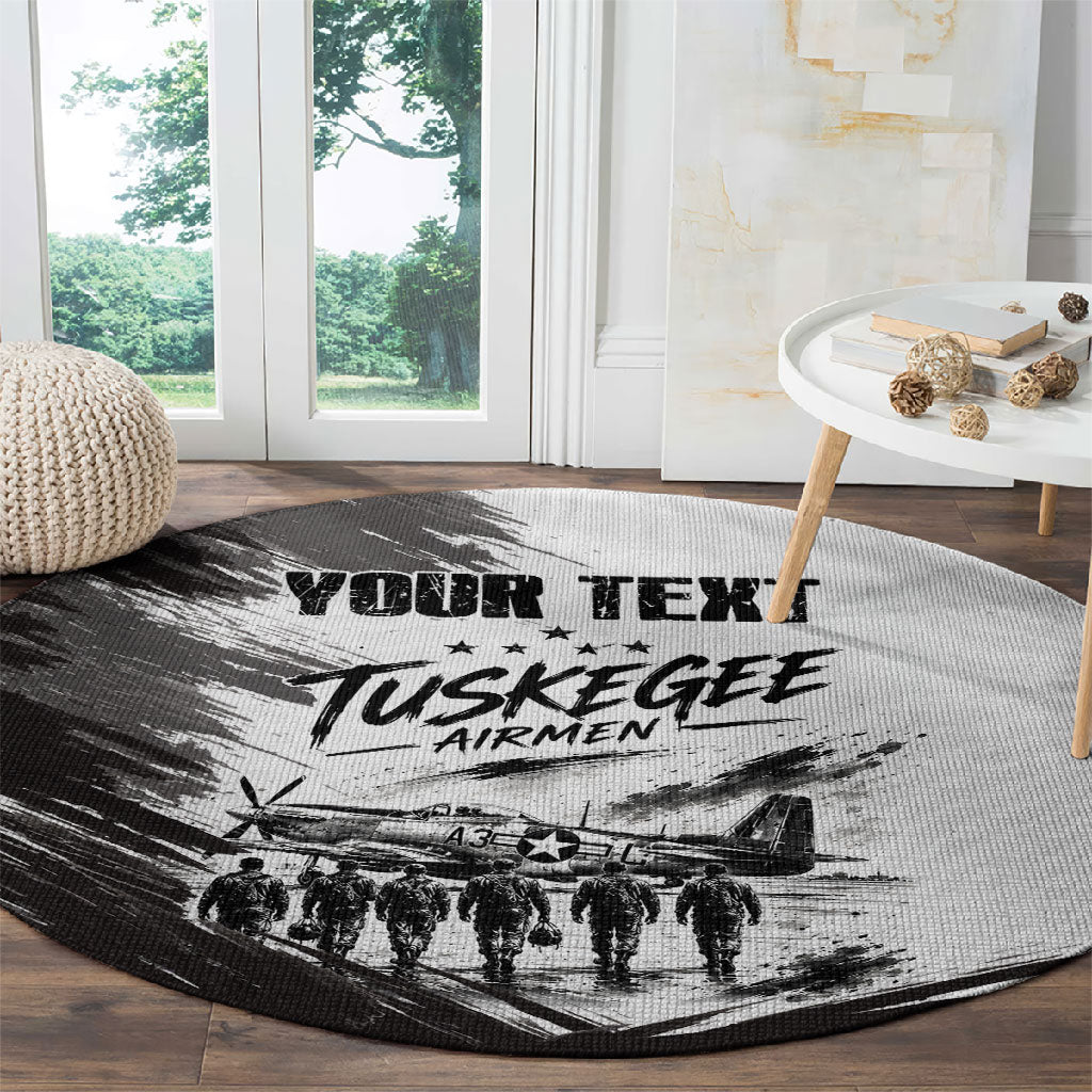 Personalized Tuskegee Airmen Round Carpet Black And White Grunge WWII Aviation Art