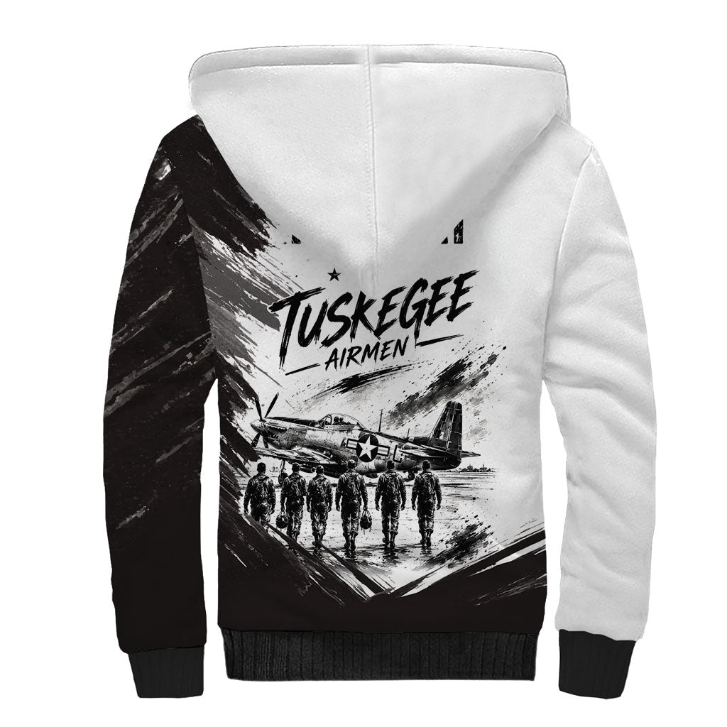 Personalized Tuskegee Airmen Sherpa Hoodie Black And White Grunge WWII Aviation Art