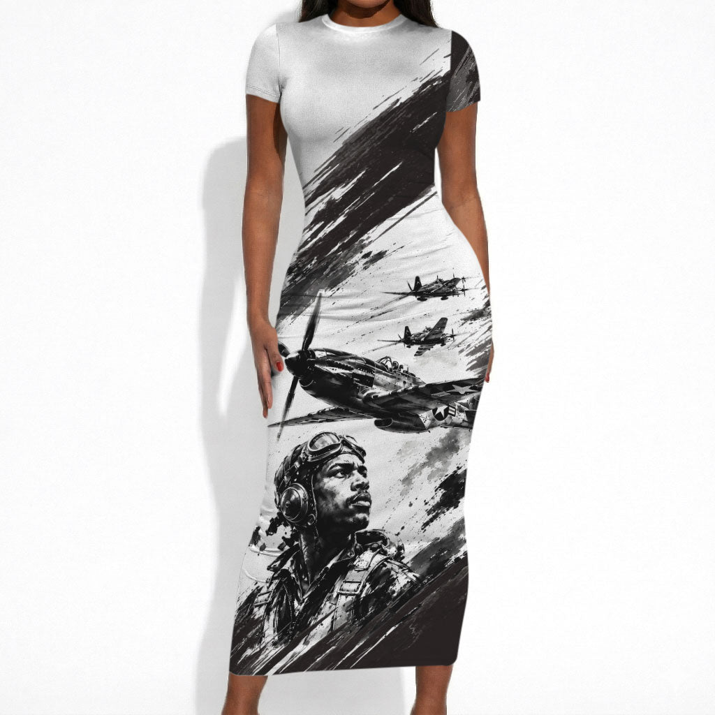 Personalized Tuskegee Airmen Short Sleeve Bodycon Dress Black And White Grunge WWII Aviation Art