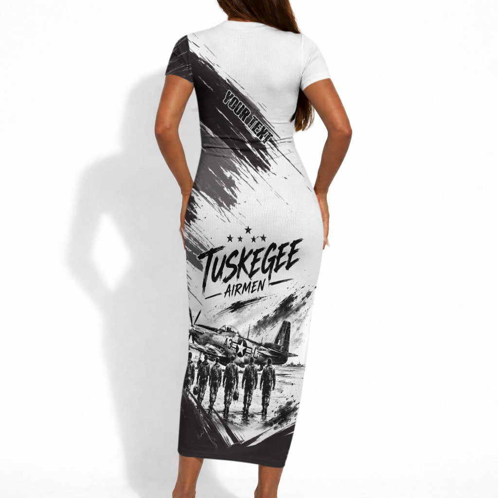Personalized Tuskegee Airmen Short Sleeve Bodycon Dress Black And White Grunge WWII Aviation Art
