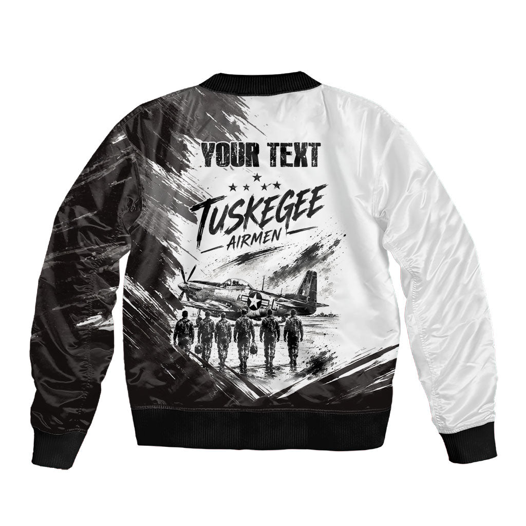 Personalized Tuskegee Airmen Sleeve Zip Bomber Jacket Black And White Grunge WWII Aviation Art
