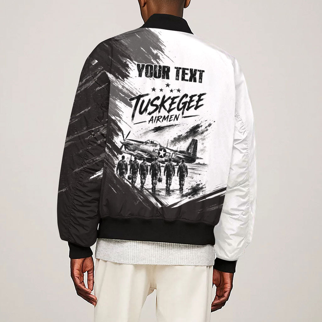 Personalized Tuskegee Airmen Sleeve Zip Bomber Jacket Black And White Grunge WWII Aviation Art