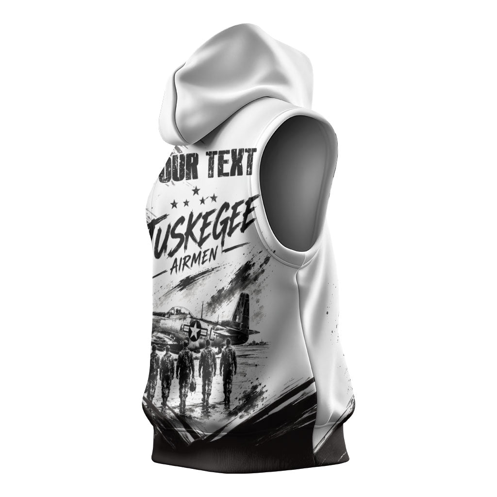Personalized Tuskegee Airmen Sleeveless Hoodie Black And White Grunge WWII Aviation Art