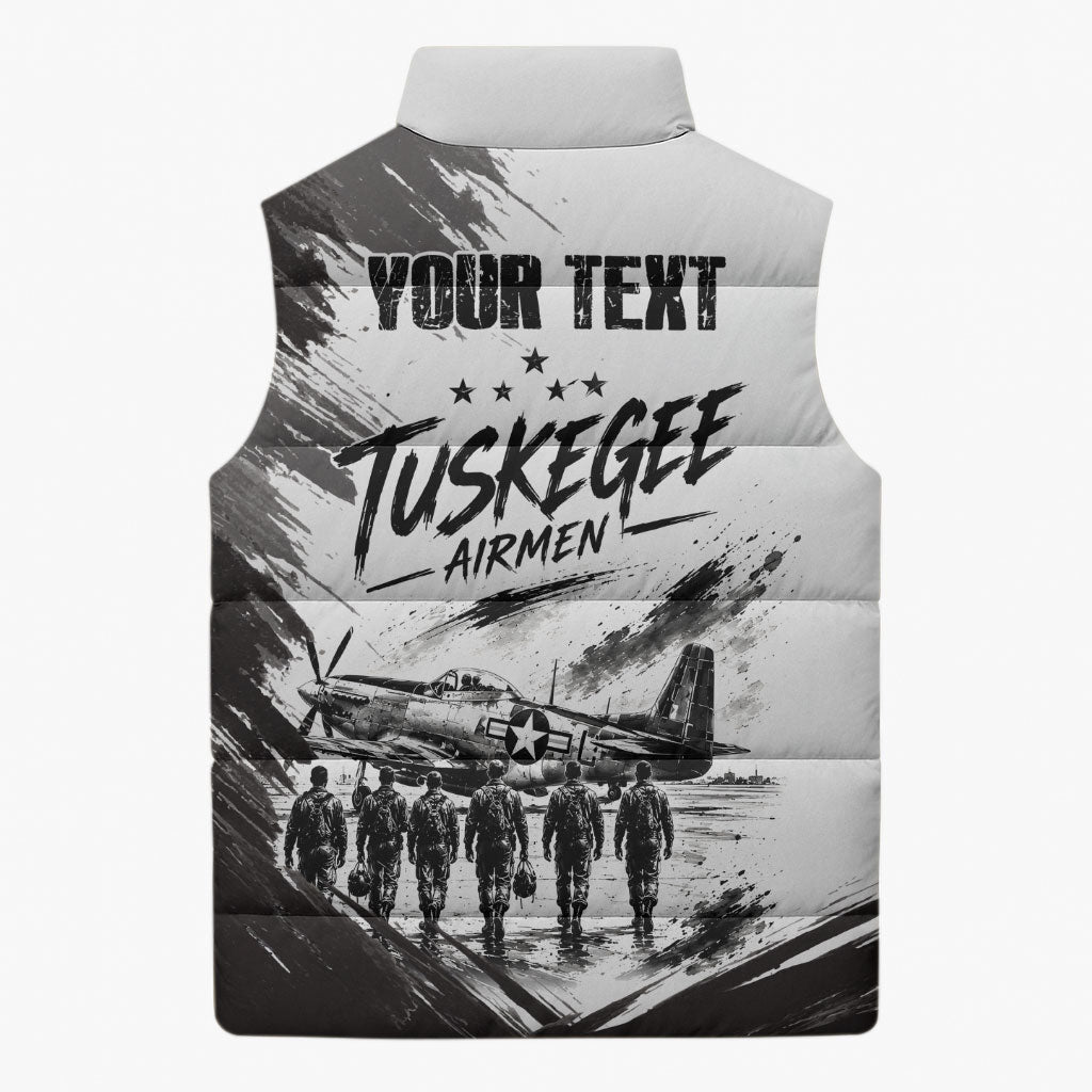Personalized Tuskegee Airmen Sleeveless Puffer Jacket Black And White Grunge WWII Aviation Art