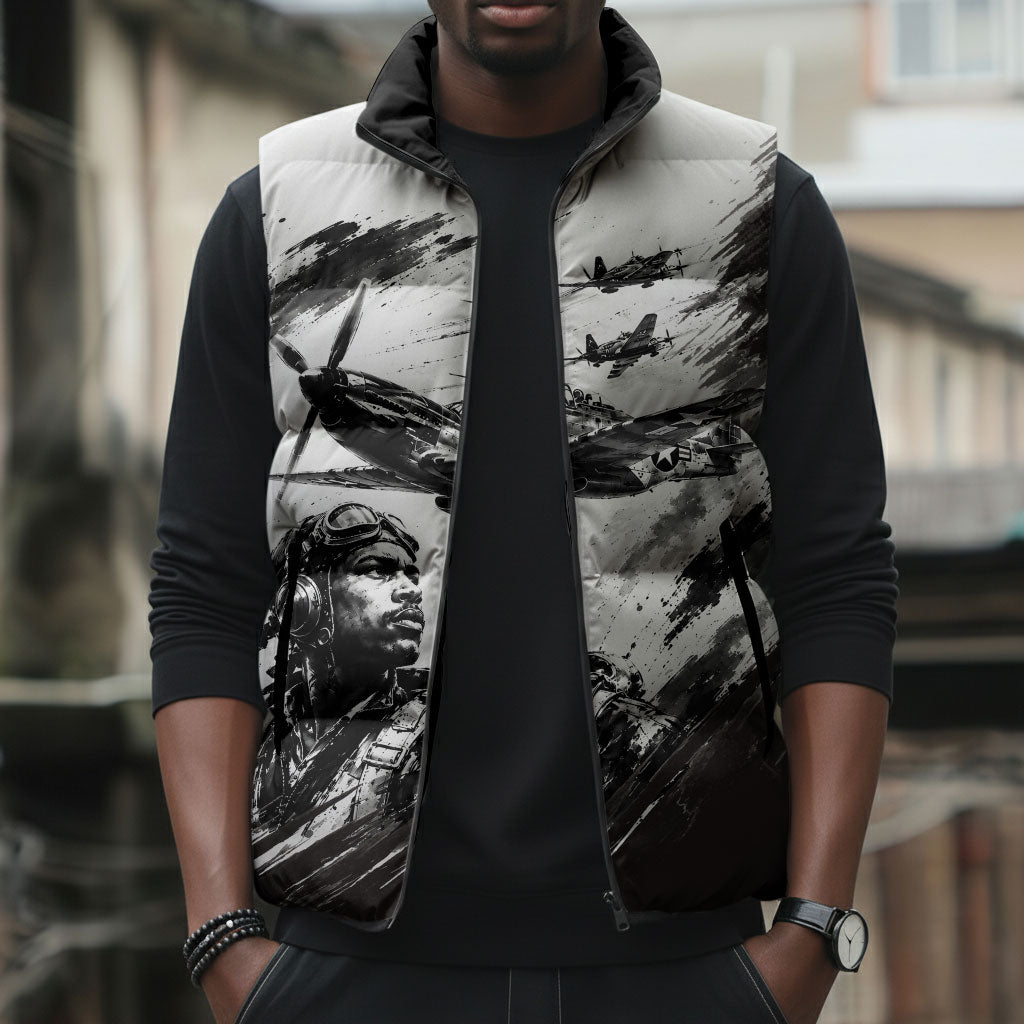 Personalized Tuskegee Airmen Sleeveless Puffer Jacket Black And White Grunge WWII Aviation Art
