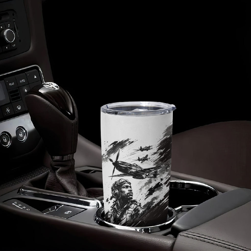 Personalized Tuskegee Airmen Tumbler Cup Black And White Grunge WWII Aviation Art