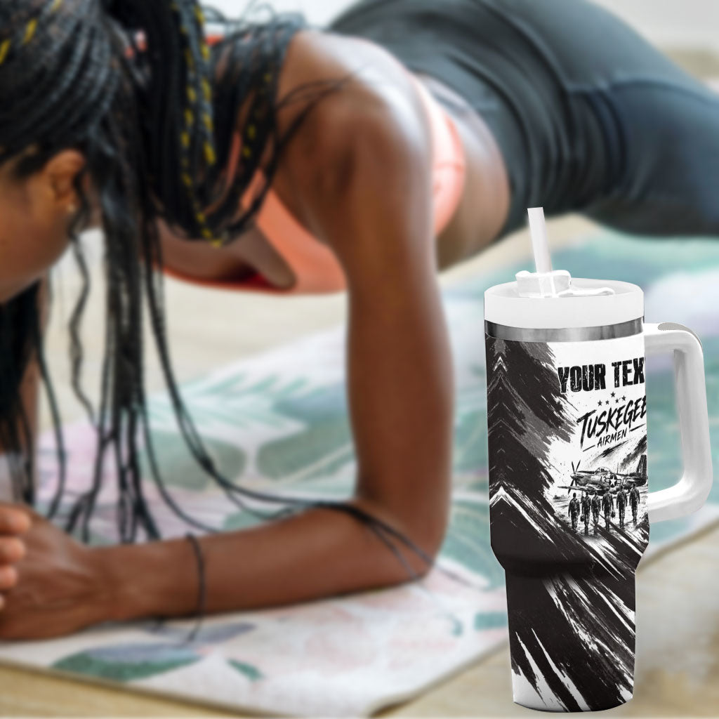 Personalized Tuskegee Airmen Tumbler With Handle Black And White Grunge WWII Aviation Art