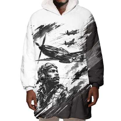 Personalized Tuskegee Airmen Wearable Blanket Hoodie Black And White Grunge WWII Aviation Art