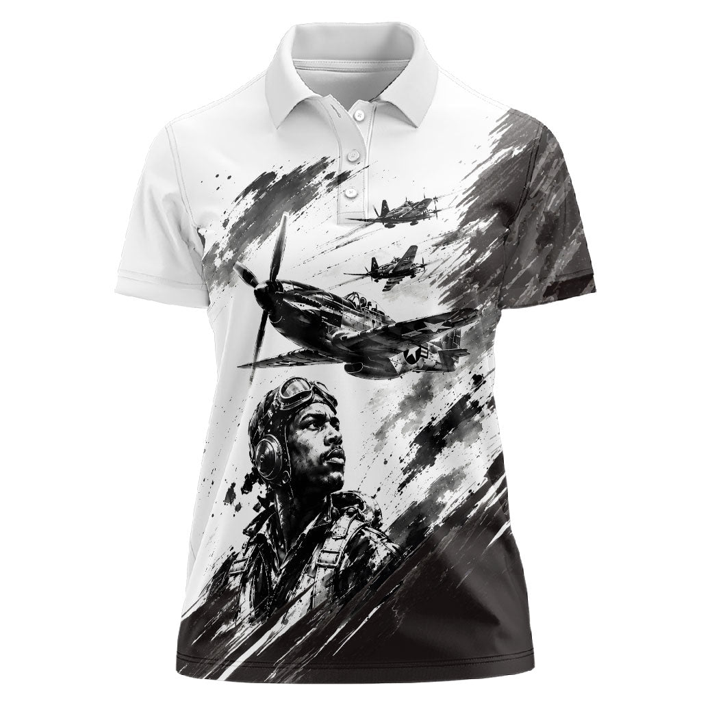 Personalized Tuskegee Airmen Women Polo Shirt Black And White Grunge WWII Aviation Art