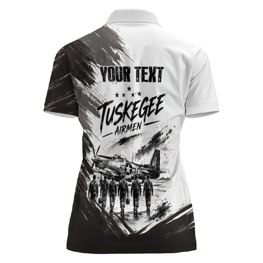 Personalized Tuskegee Airmen Women Polo Shirt Black And White Grunge WWII Aviation Art