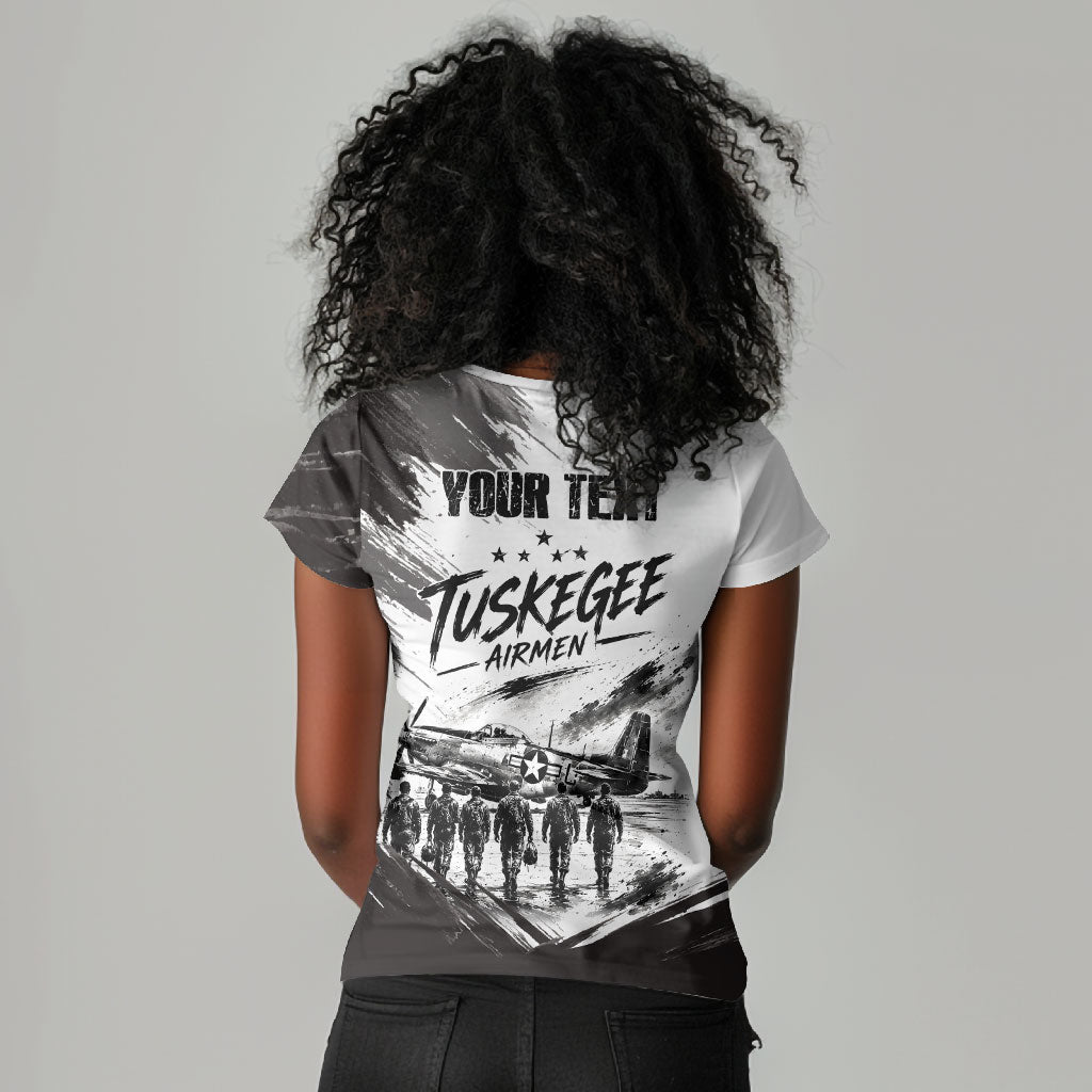 Personalized Tuskegee Airmen Women V-Neck T-Shirt Black And White Grunge WWII Aviation Art