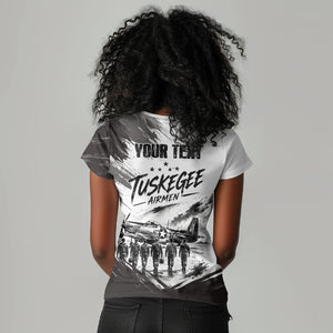 Personalized Tuskegee Airmen Women V-Neck T-Shirt Black And White Grunge WWII Aviation Art