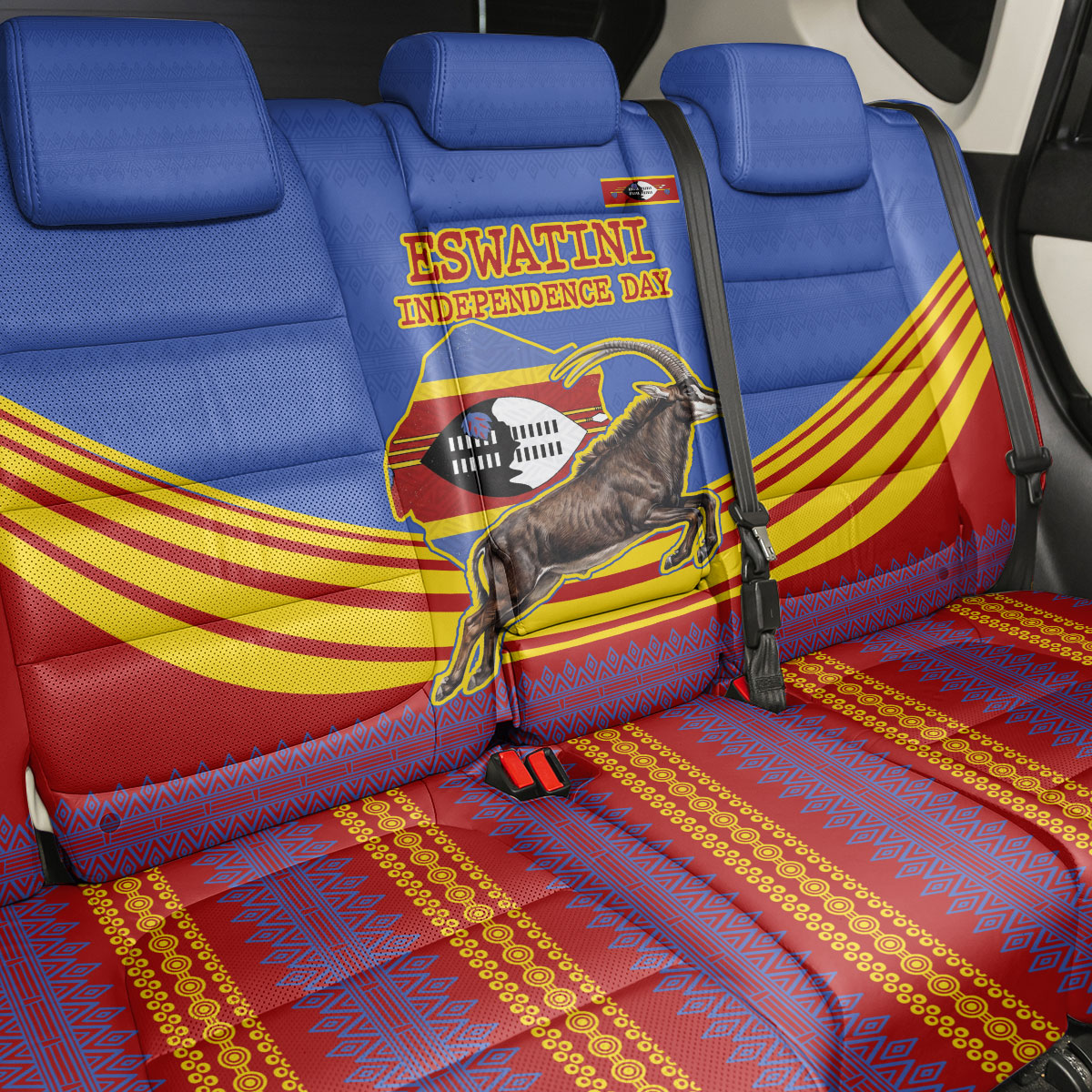 Eswatini Independence Day Back Car Seat Cover Sable Antelope - Aloe Succulent - Flag Shield