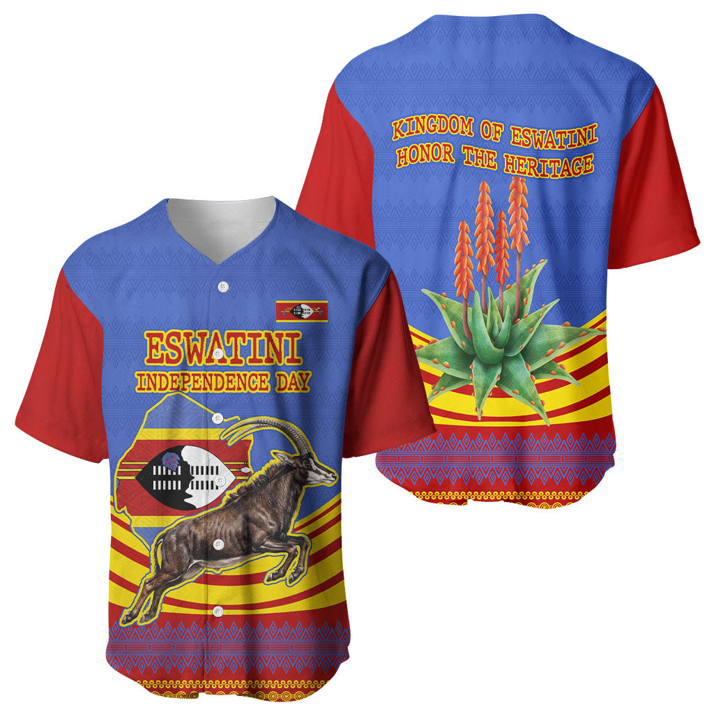 Eswatini Independence Day Baseball Jersey Sable Antelope - Aloe Succulent - Flag Shield