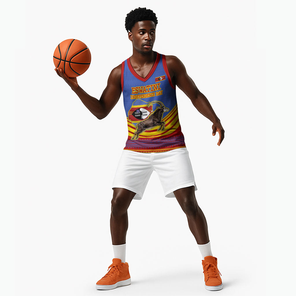 Eswatini Independence Day Basketball Jersey Sable Antelope - Aloe Succulent - Flag Shield