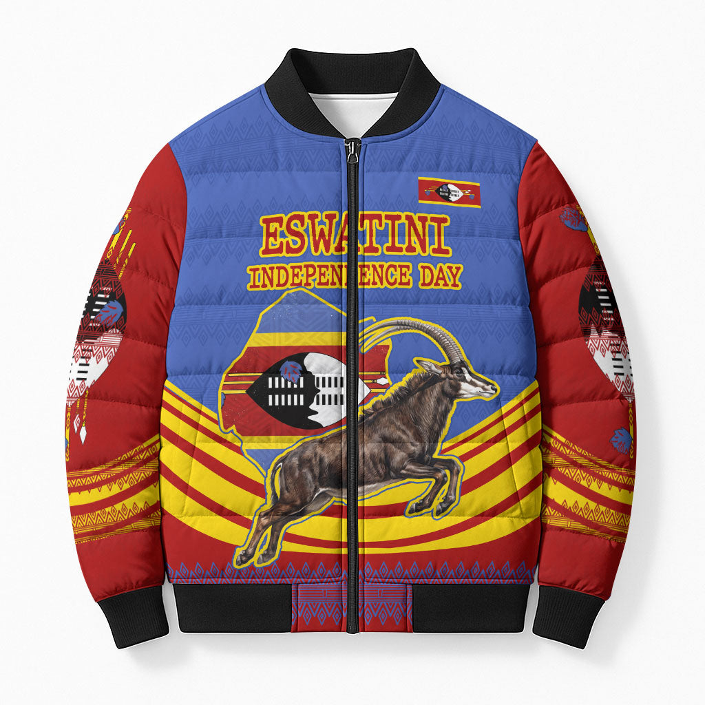 Eswatini Independence Day Bomber Puffer Jacket Sable Antelope - Aloe Succulent - Flag Shield