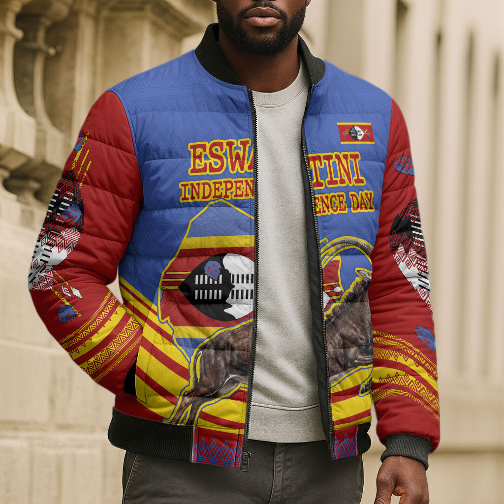 Eswatini Independence Day Bomber Puffer Jacket Sable Antelope - Aloe Succulent - Flag Shield