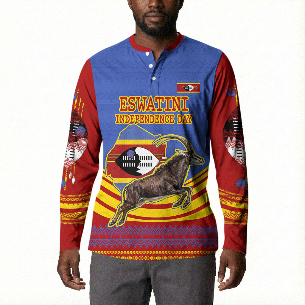 Eswatini Independence Day Button Sweatshirt Sable Antelope - Aloe Succulent - Flag Shield