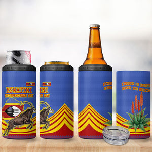 Eswatini Independence Day 4 in 1 Can Cooler Tumbler Sable Antelope - Aloe Succulent - Flag Shield