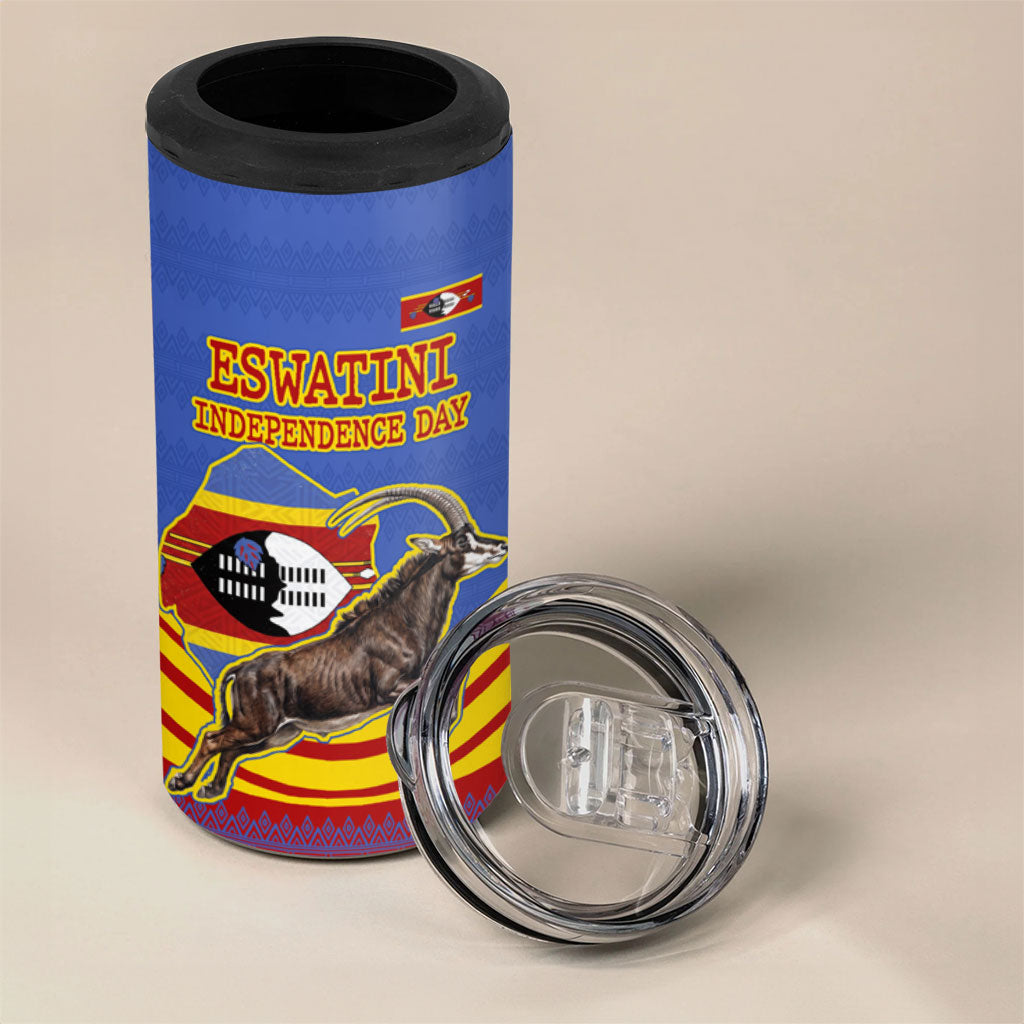 Eswatini Independence Day 4 in 1 Can Cooler Tumbler Sable Antelope - Aloe Succulent - Flag Shield