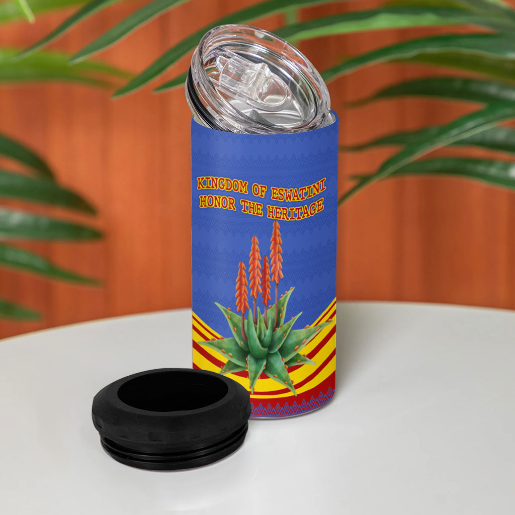 Eswatini Independence Day 4 in 1 Can Cooler Tumbler Sable Antelope - Aloe Succulent - Flag Shield