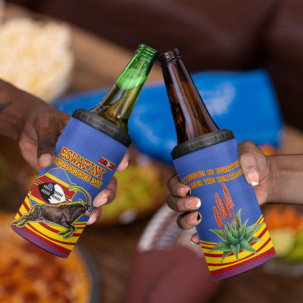 Eswatini Independence Day 4 in 1 Can Cooler Tumbler Sable Antelope - Aloe Succulent - Flag Shield